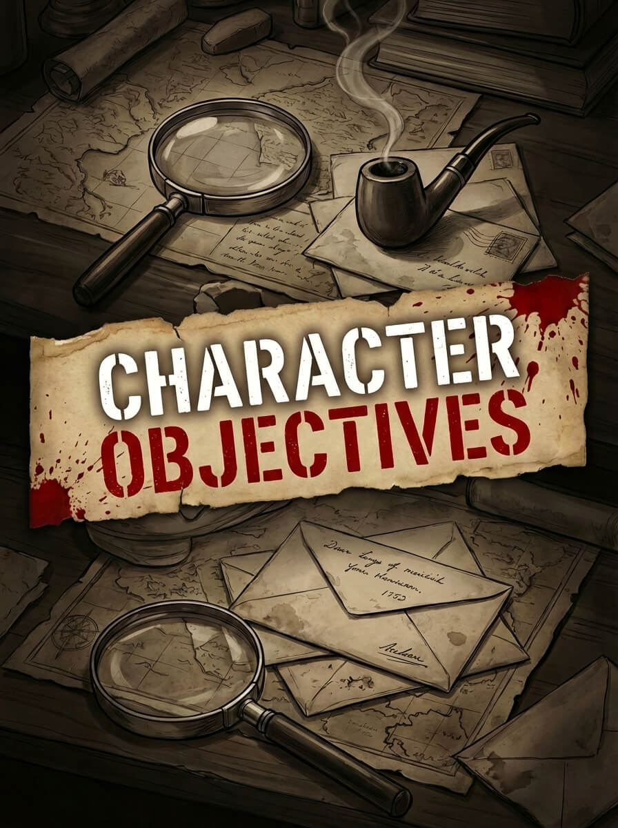 A printed character objectives sheet with bullet-pointed phase-by-phase goals.
