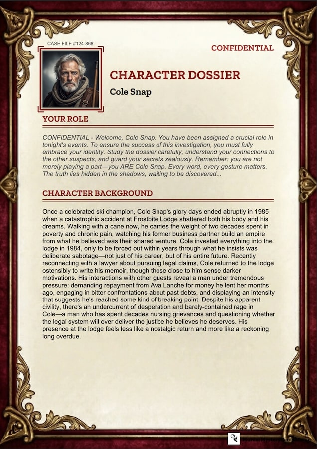 A Claude-generated character dossier — Sterling Silverton, period photo, case-file framing, secret-keeping language.